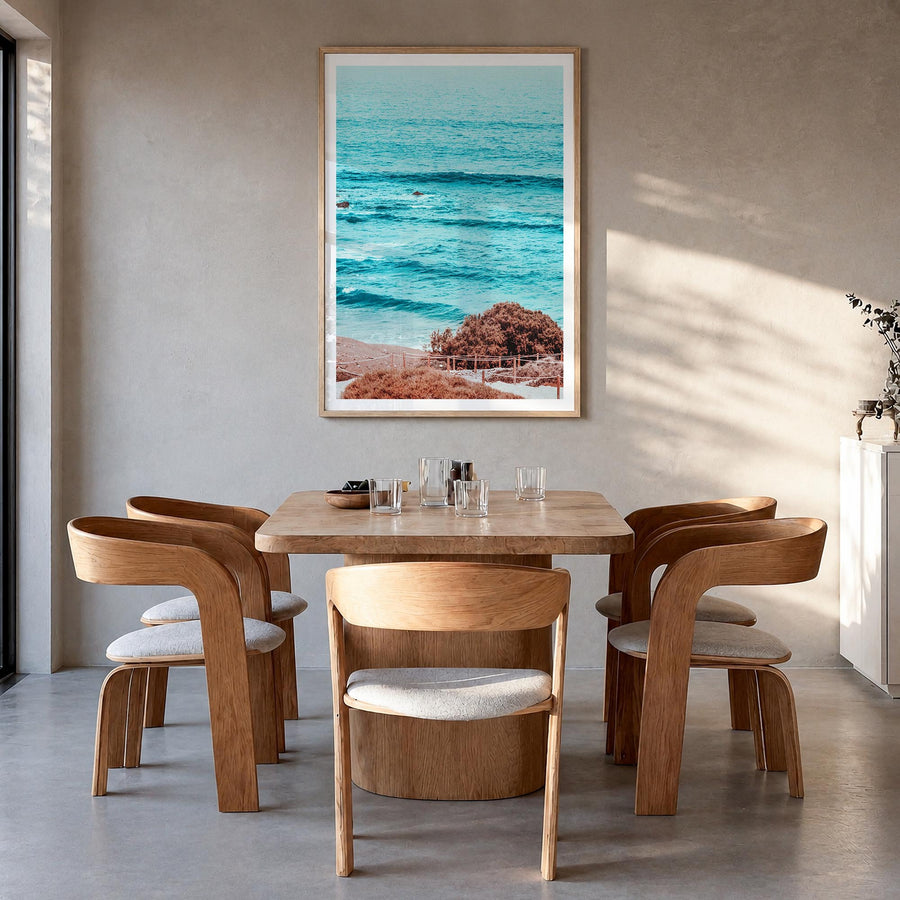 Summer Vibes colorful photo poster – vertical wall art in natural wood frame with white border, hanging on wall