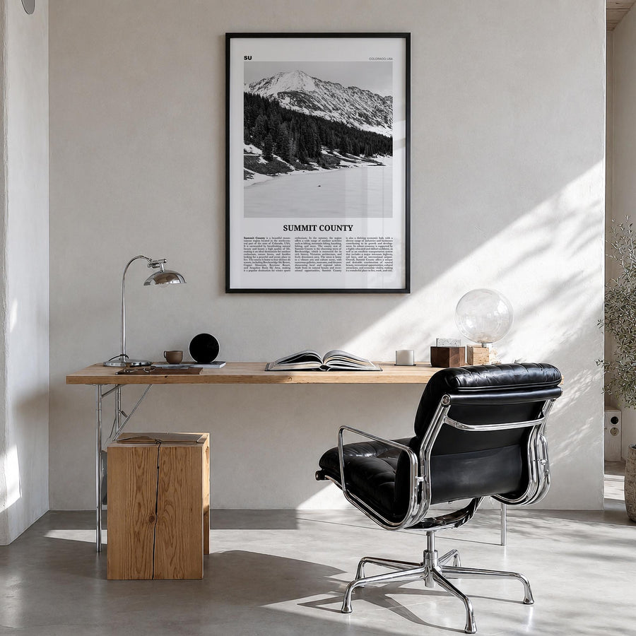 Summit County black & white newspaper poster of Colorado, USA – vertical wall art in black wood frame, hanging on wall