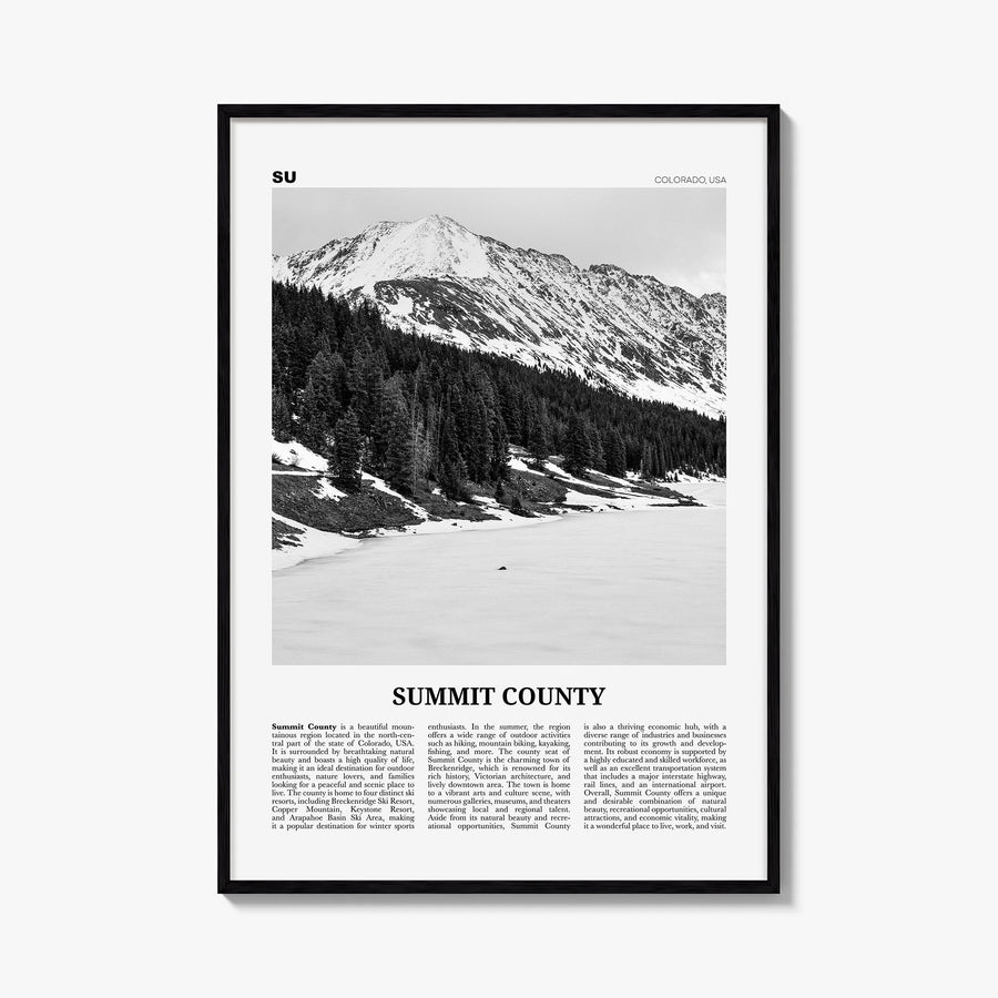 Summit County black & white newspaper poster of Colorado, USA – vertical wall art, unframed print shown in interior mockup
