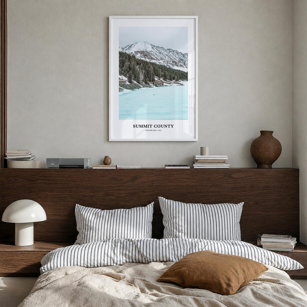 Summit County colorful classic poster of Colorado, USA – vertical wall art in white wood frame, hanging on wall