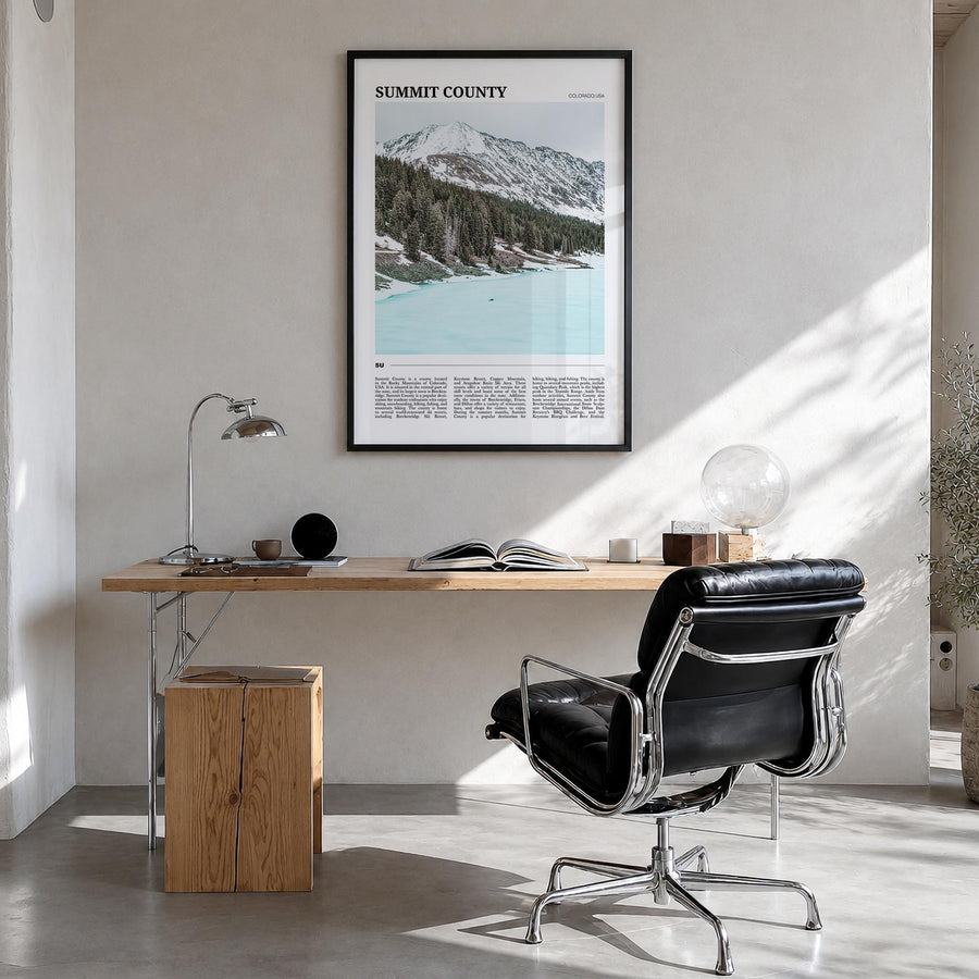 Summit County colorful travel poster of Colorado, USA – vertical wall art in black wood frame, hanging on wall
