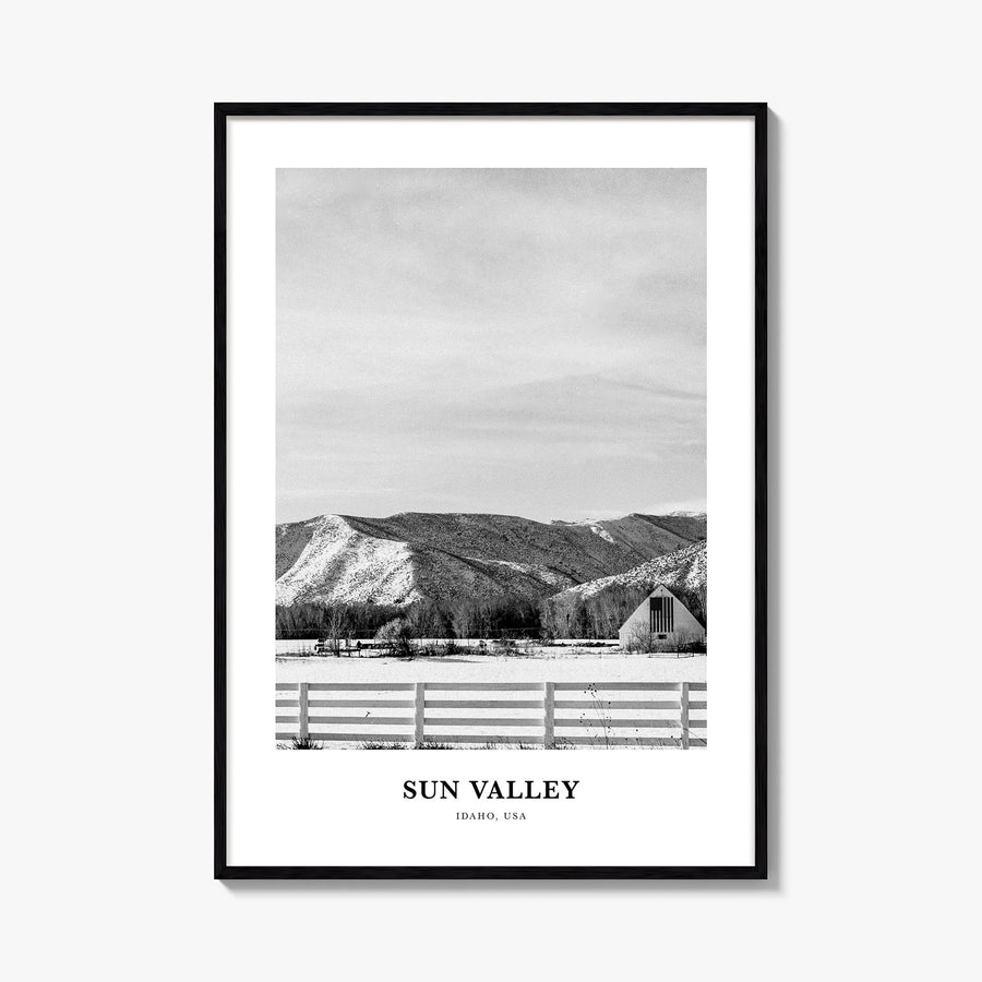Sun Valley black & white classic poster of Idaho, USA – vertical wall art, unframed print shown in interior mockup