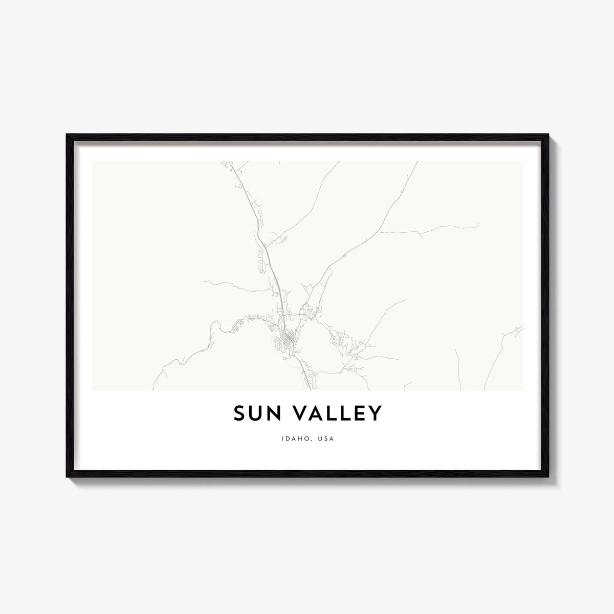 Sun Valley black & white map poster of Idaho, USA – horizontal wall art, unframed print shown in interior mockup