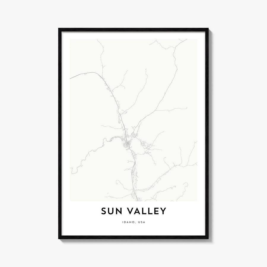 Sun Valley black & white map poster of Idaho, USA – vertical wall art, unframed print shown in interior mockup