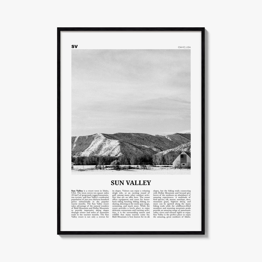 Sun Valley black & white newspaper poster of Idaho, USA – vertical wall art, unframed print shown in interior mockup