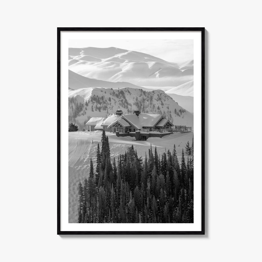 Sun Valley black & white photo poster of Idaho, USA – vertical wall art, unframed print shown in interior mockup