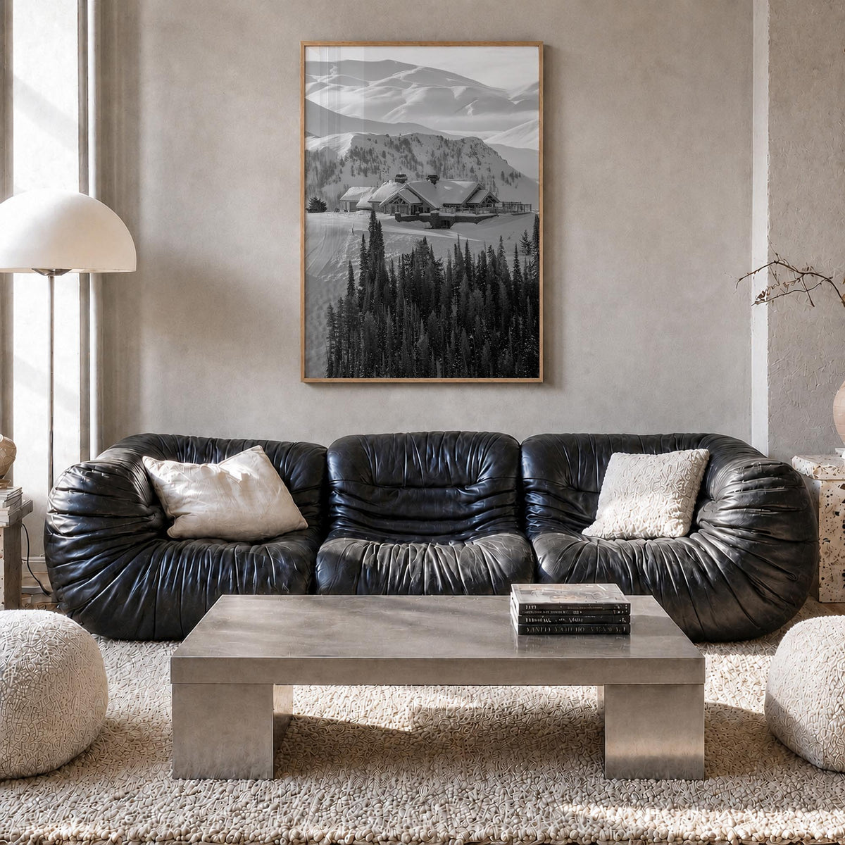 Sun Valley black & white photo poster of Idaho, USA – vertical wall art in natural wood frame, hanging on wall