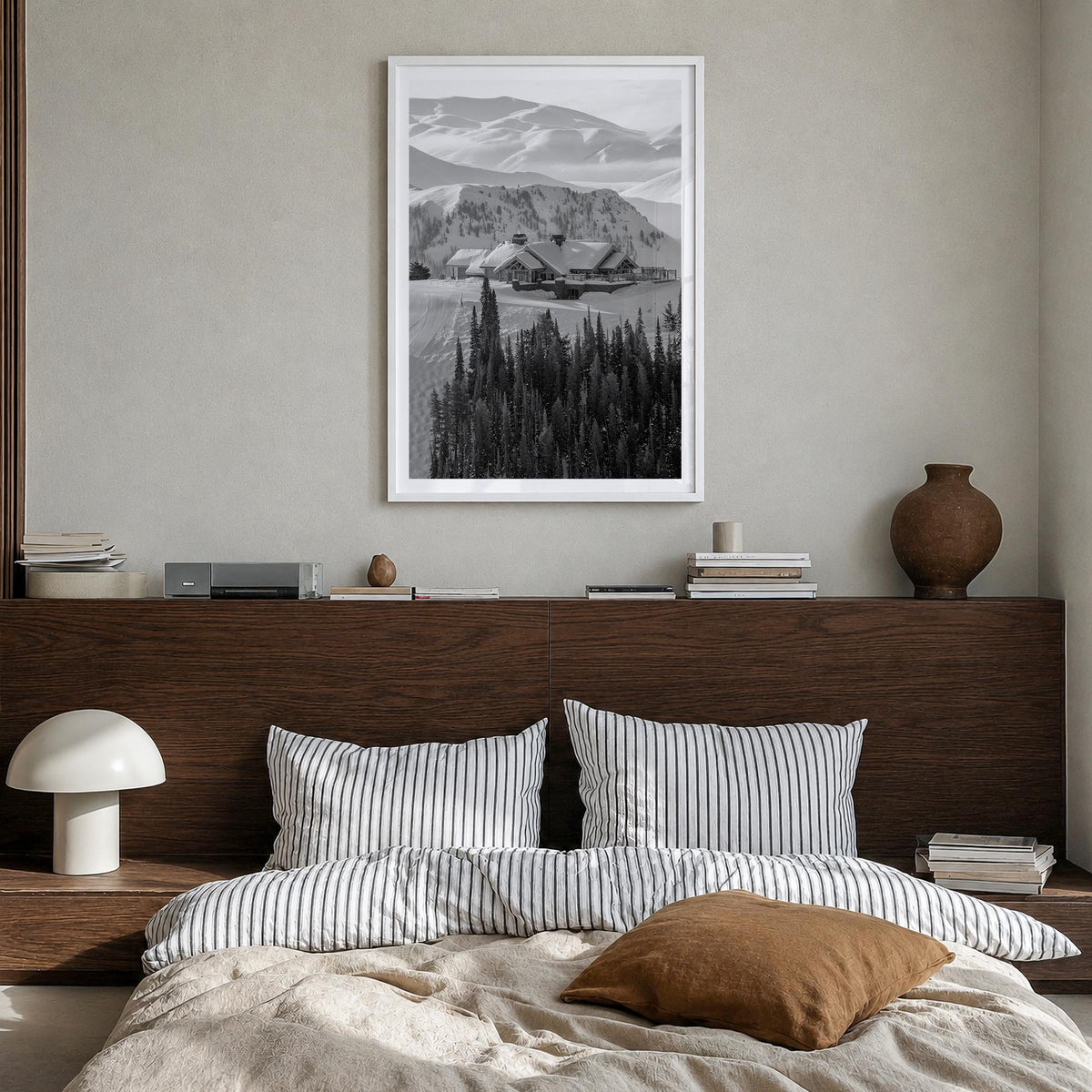 Sun Valley black & white photo poster of Idaho, USA – vertical wall art in white wood frame with white border, hanging on wal