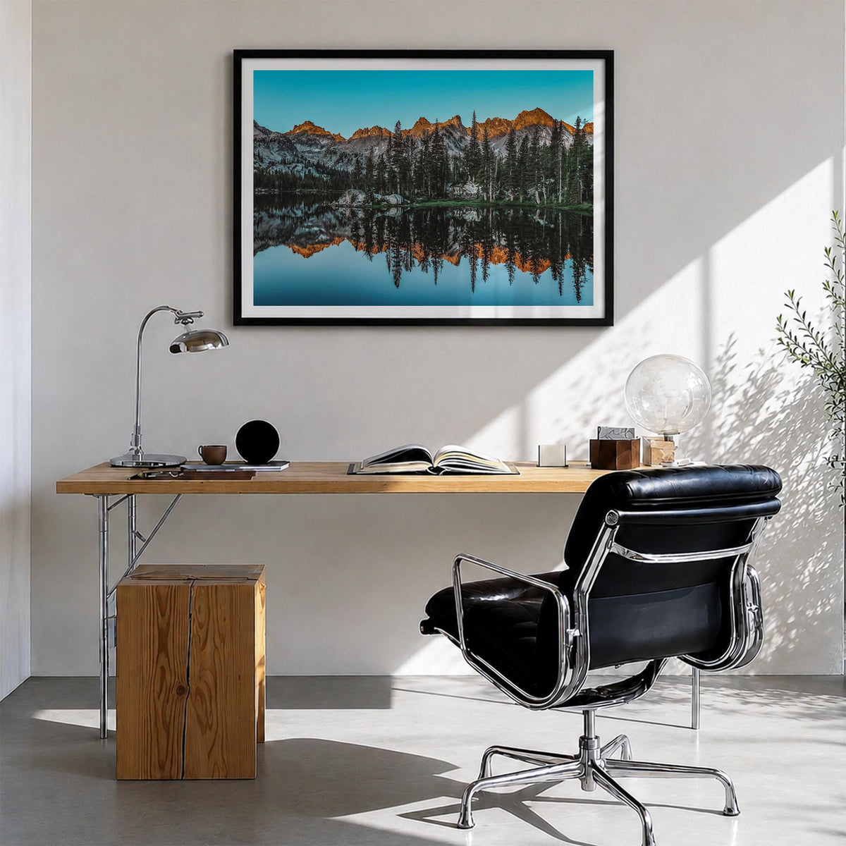 Sun Valley colorful photo poster of Idaho, USA – horizontal wall art in black wood frame with white border, hanging on wall