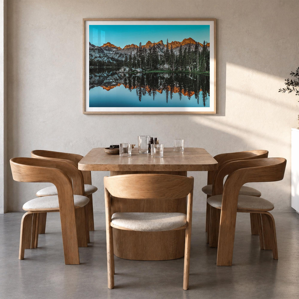 Sun Valley colorful photo poster of Idaho, USA – horizontal wall art in natural wood frame with white border, hanging on wall