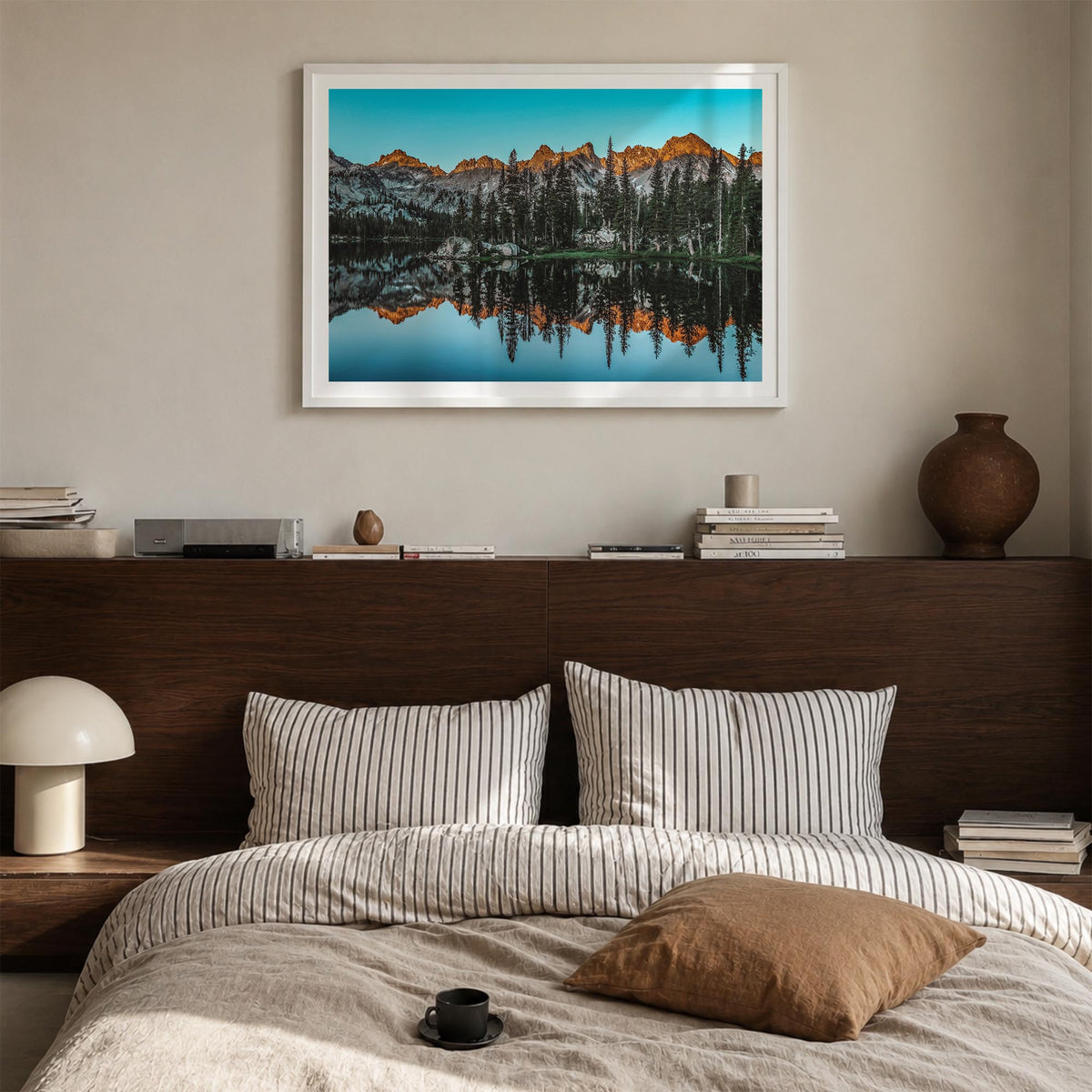 Sun Valley colorful photo poster of Idaho, USA – horizontal wall art in white wood frame with white border, hanging on wall