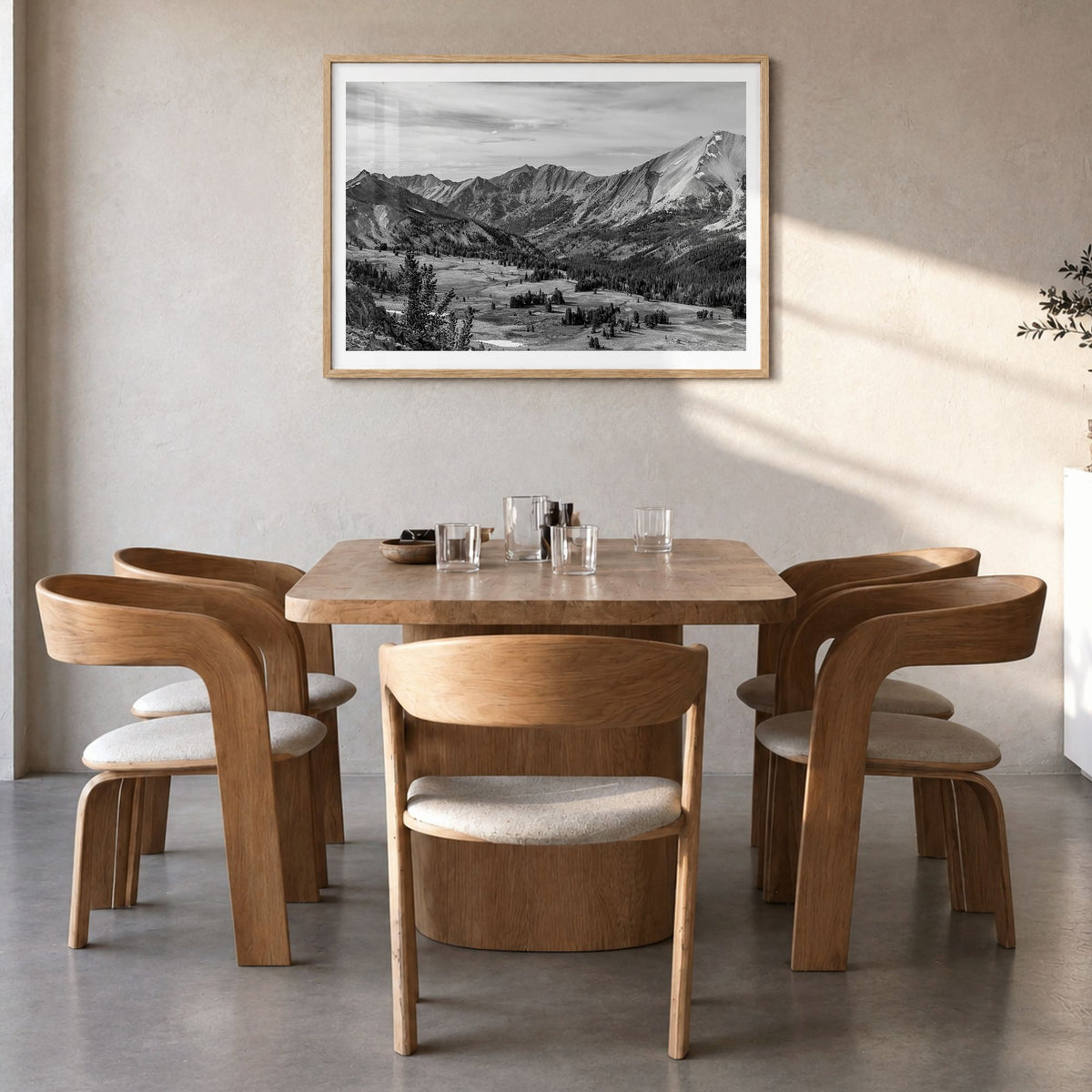 Sun Valley Photo Poster in a natural wood frame, hanging in a dining room, white border