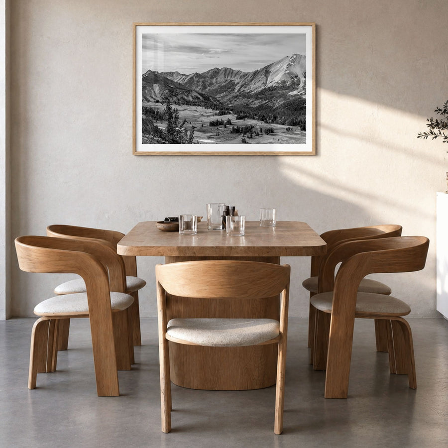 Sun Valley Photo Poster in a natural wood frame, hanging in a dining room, white border