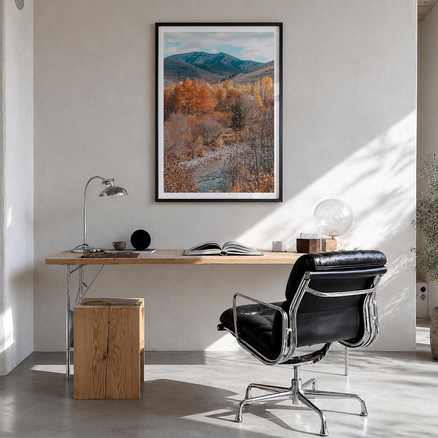 Sun Valley no. 1 colorful photo poster of Idaho, USA – vertical wall art in black wood frame with white border, hanging on wa