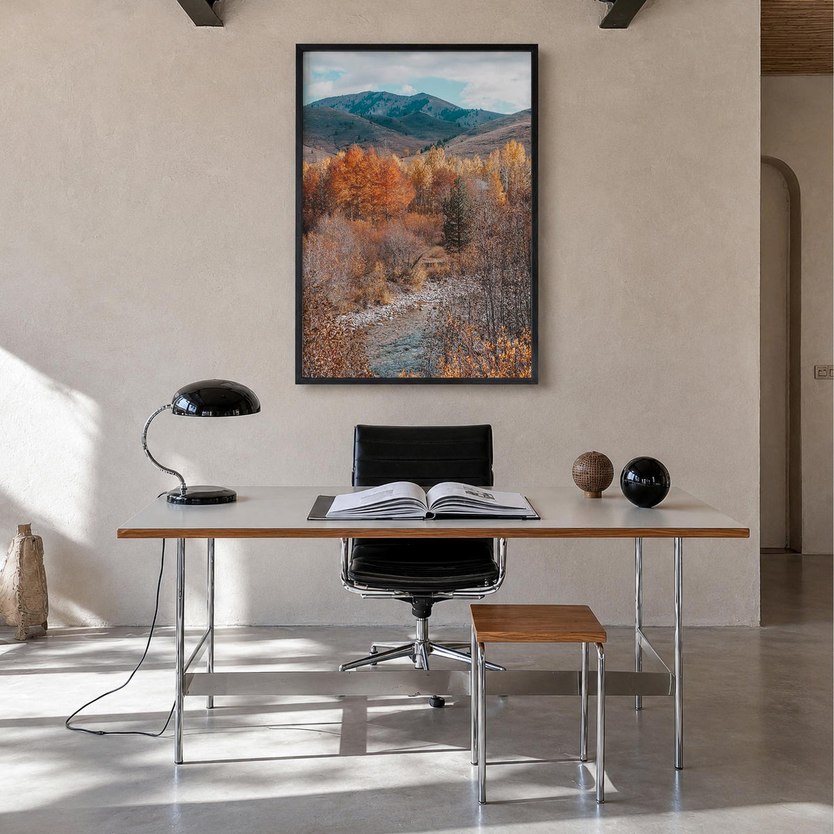 Sun Valley no. 1 colorful photo poster of Idaho, USA – vertical wall art in black wood frame, hanging on wall