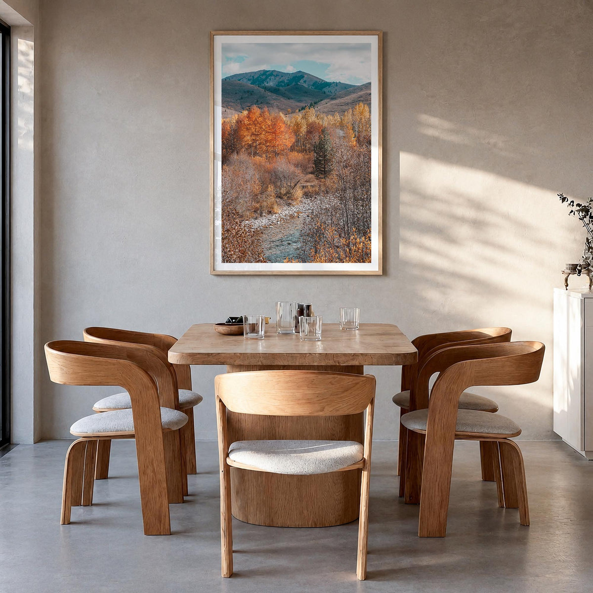 Sun Valley no. 1 colorful photo poster of Idaho, USA – vertical wall art in natural wood frame with white border, hanging on 