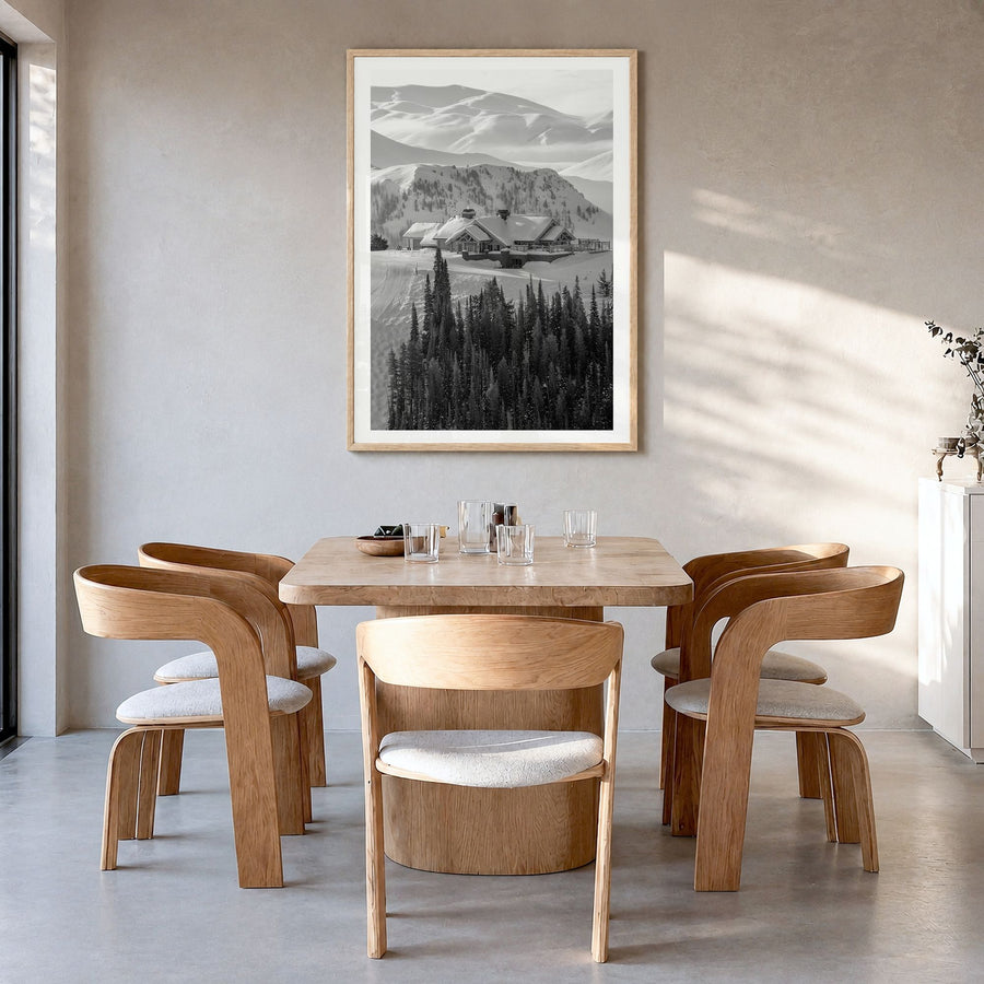Sun Valley Photo Poster in a natural wood frame, hanging in a dining room, white border