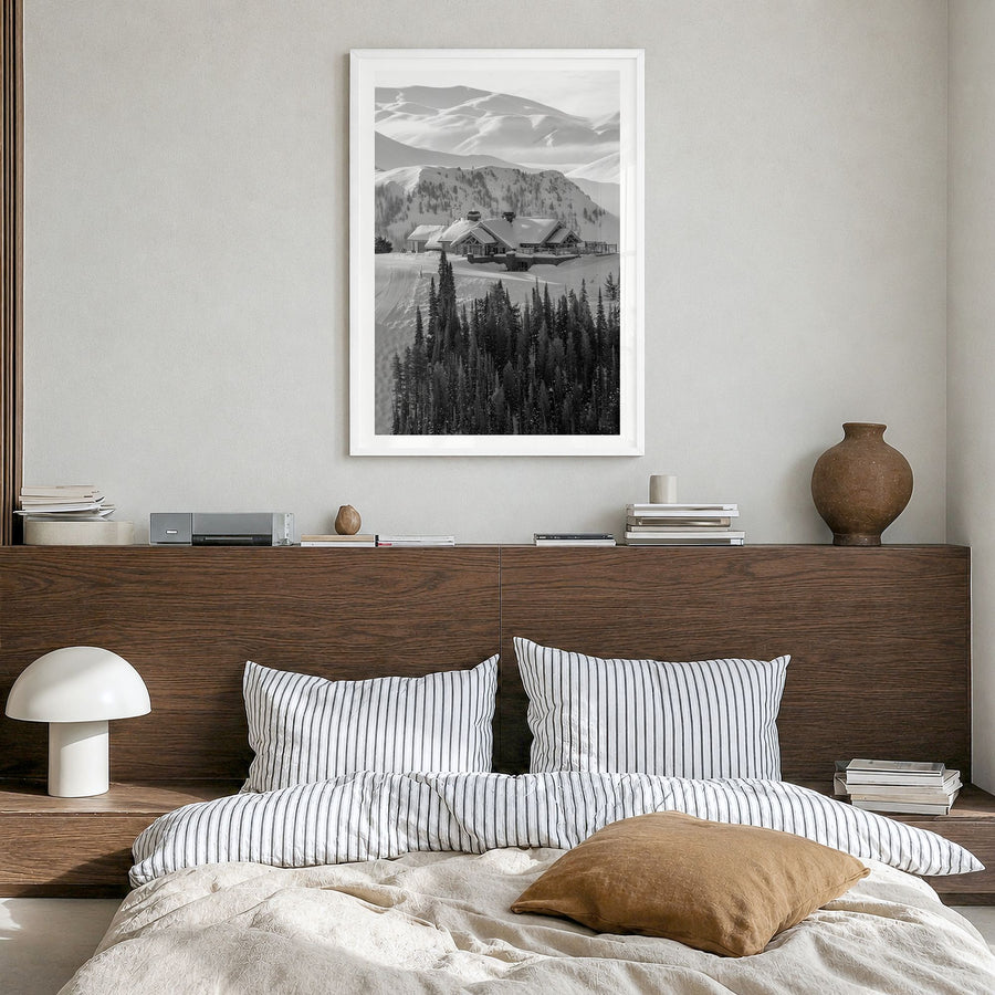 Sun Valley Photo Poster in a white wood frame, hanging in a bedroom, white border