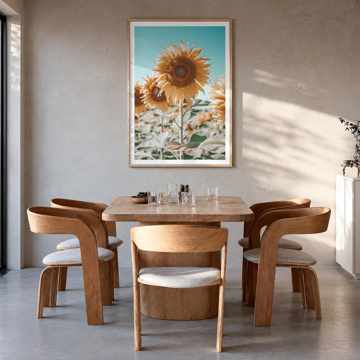 Sunflower Blue Sky colorful photo poster – vertical wall art in natural wood frame with white border, hanging on wall