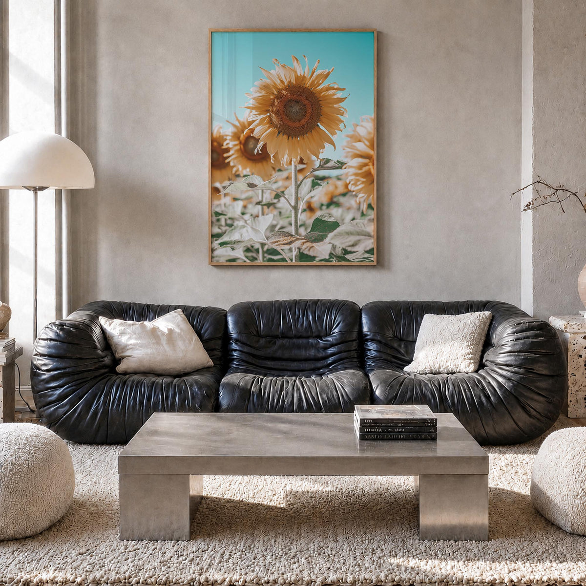 Sunflower Blue Sky colorful photo poster – vertical wall art in natural wood frame, hanging on wall