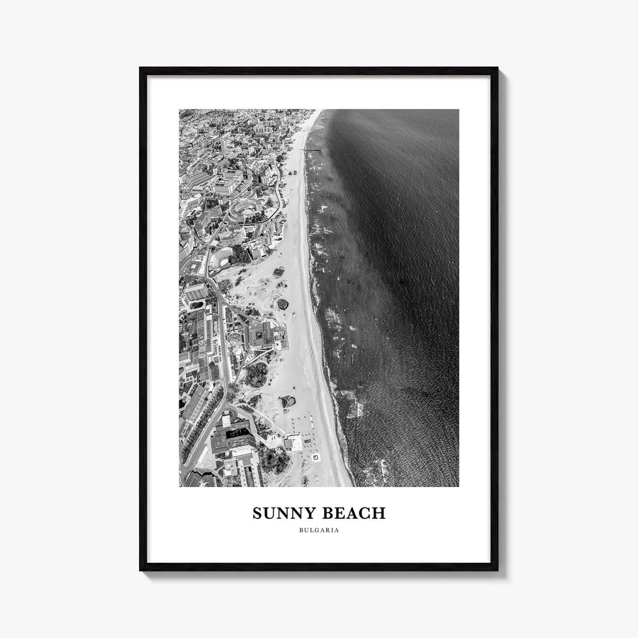 Sunny Beach black & white classic poster of Bulgaria – vertical wall art, unframed print shown in interior mockup