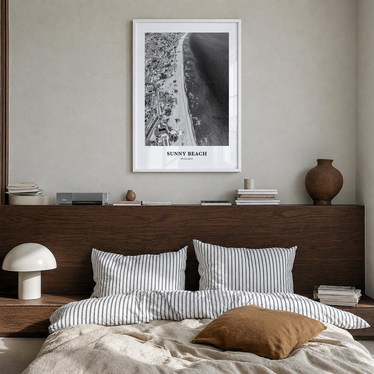 Sunny Beach black & white classic poster of Bulgaria – vertical wall art in white wood frame, hanging on wall