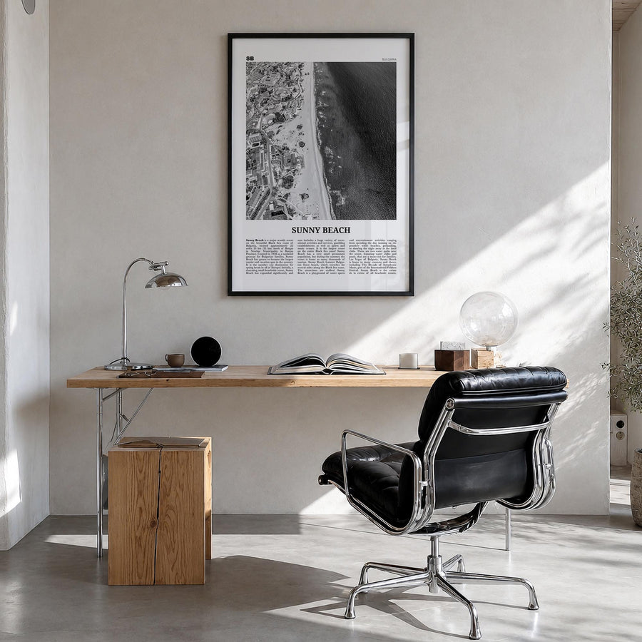 Sunny Beach black & white newspaper poster of Bulgaria – vertical wall art in black wood frame, hanging on wall