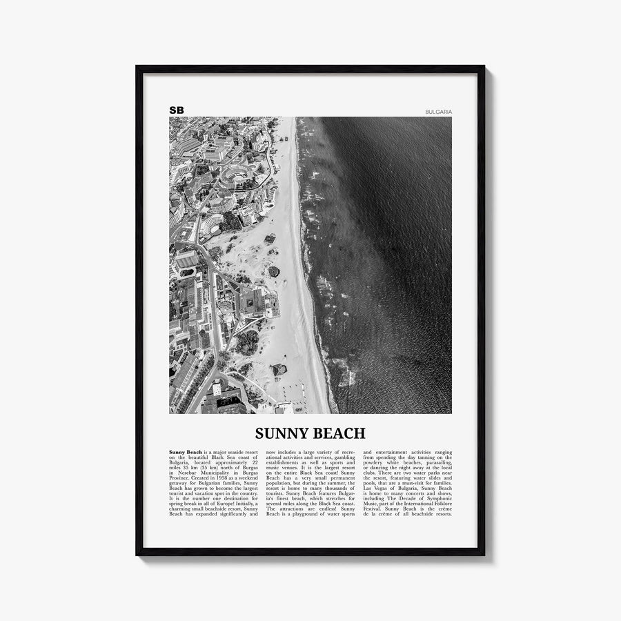 Sunny Beach black & white newspaper poster of Bulgaria – vertical wall art, unframed print shown in interior mockup