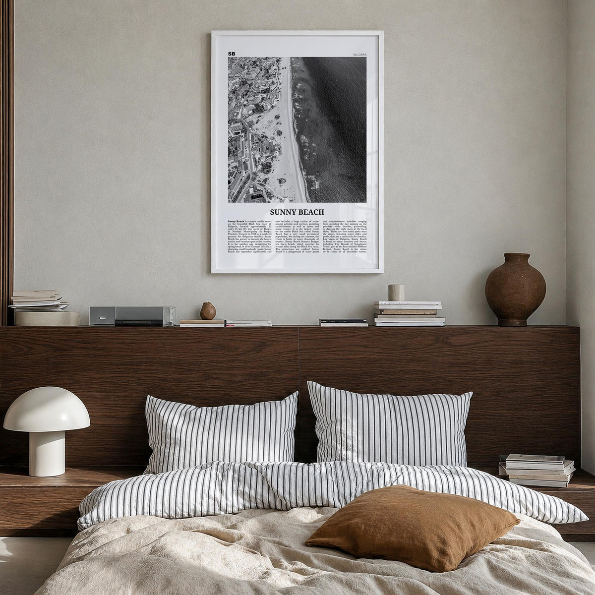 Sunny Beach black & white newspaper poster of Bulgaria – vertical wall art in white wood frame, hanging on wall