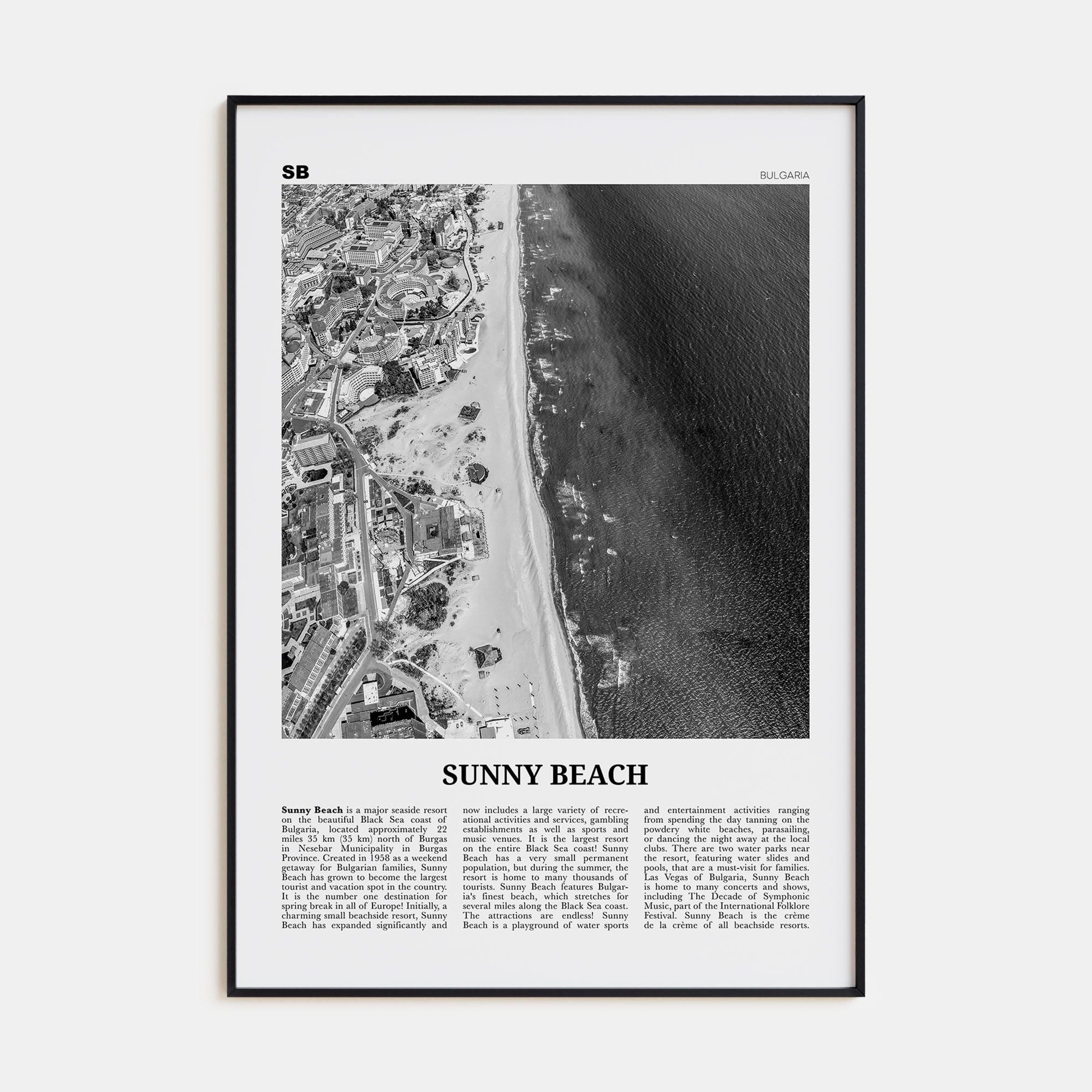 Sunny Beach Poster Black Metal / 8x12 in Nbourhood Travel B&W Poster