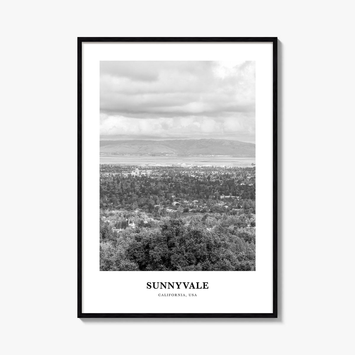 Sunnyvale black & white classic poster of California, USA – vertical wall art, unframed print shown in interior mockup