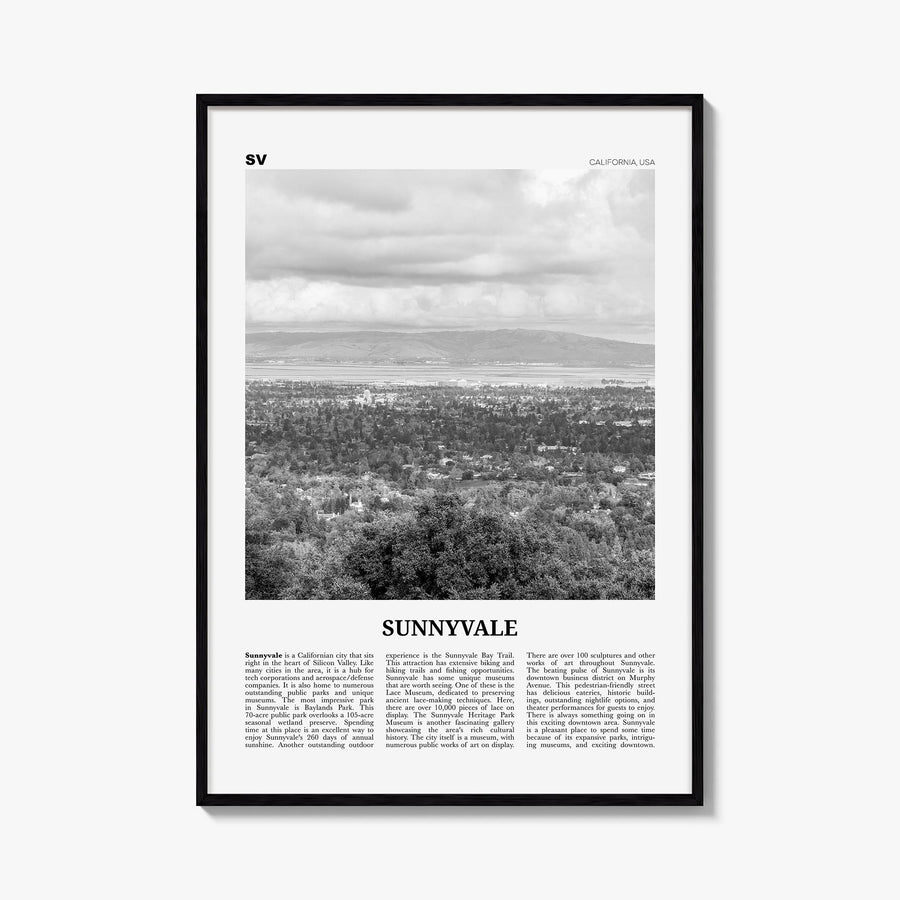 Sunnyvale black & white newspaper poster of California, USA – vertical wall art, unframed print shown in interior mockup