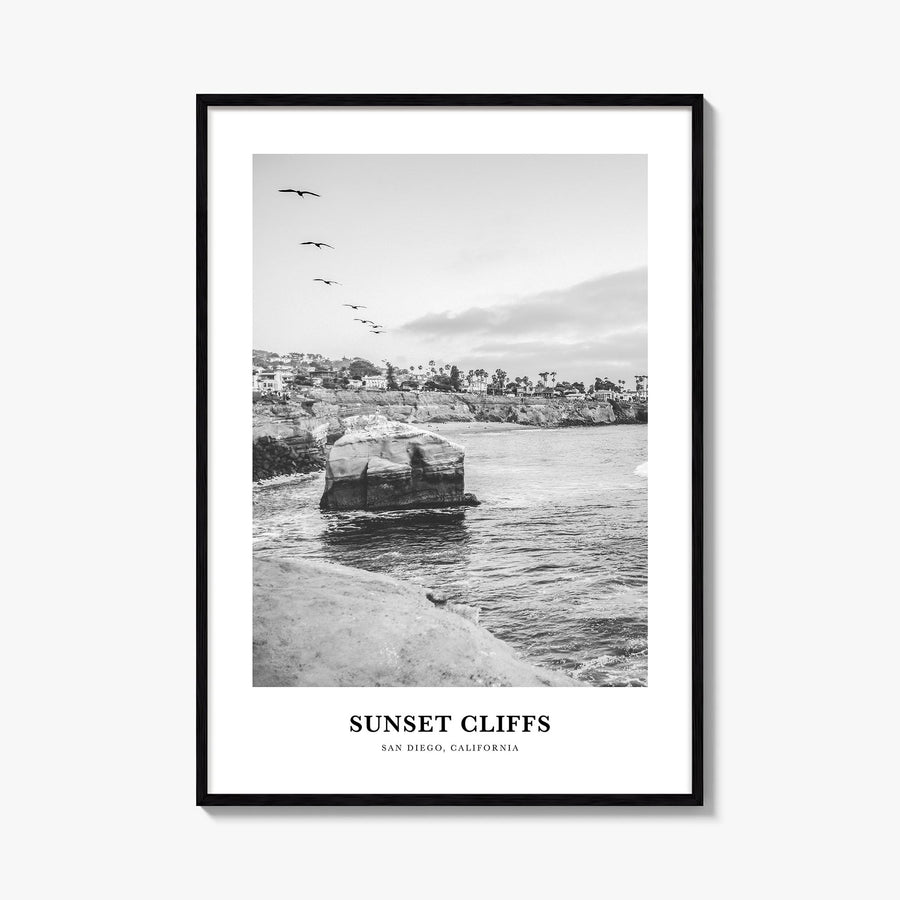 Sunset Cliffs black & white classic poster of San Diego, California – vertical wall art, unframed print shown in interior moc