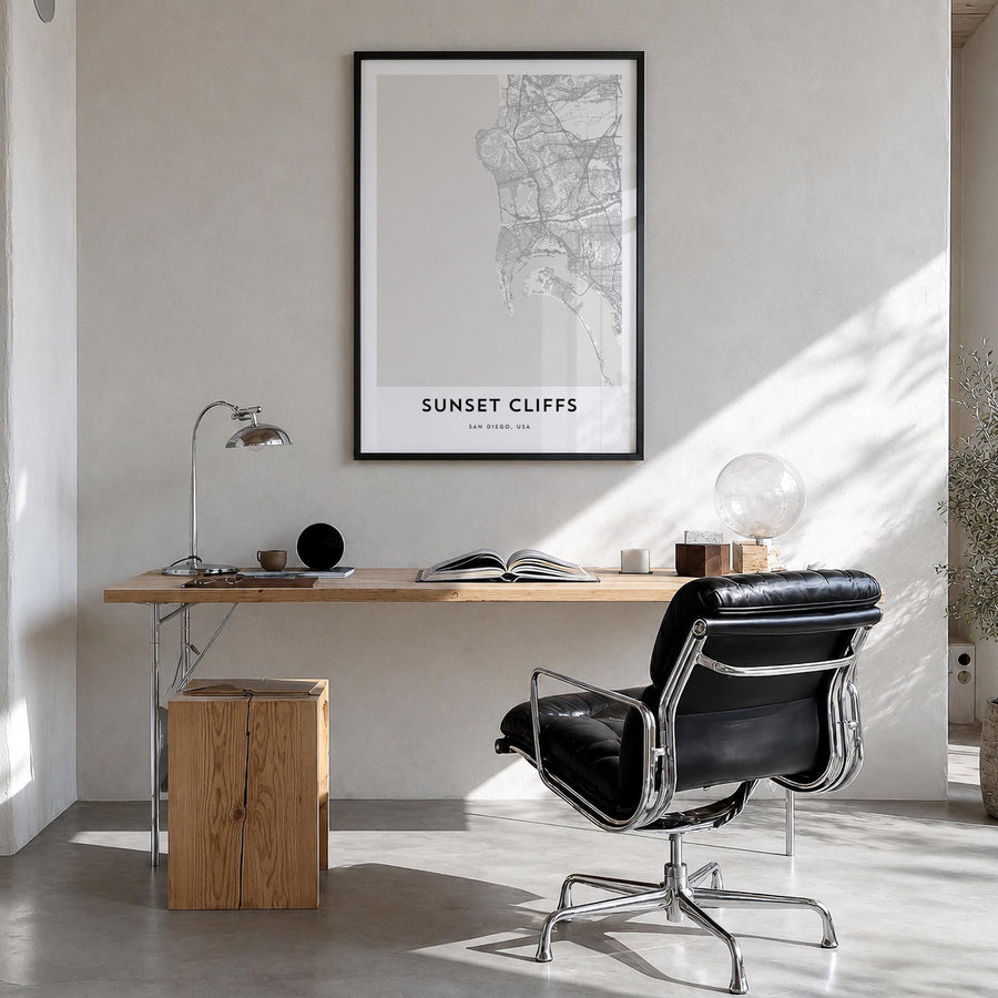 Sunset Cliffs black & white map poster of San Diego, California – vertical wall art in black wood frame, hanging on wall