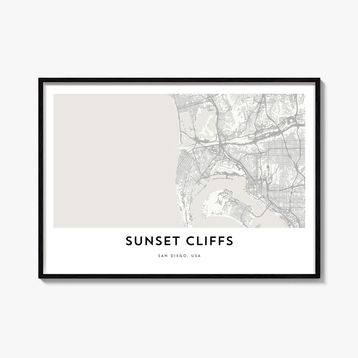 Sunset Cliffs black & white map poster of San Diego, California – horizontal wall art, unframed print shown in interior mocku