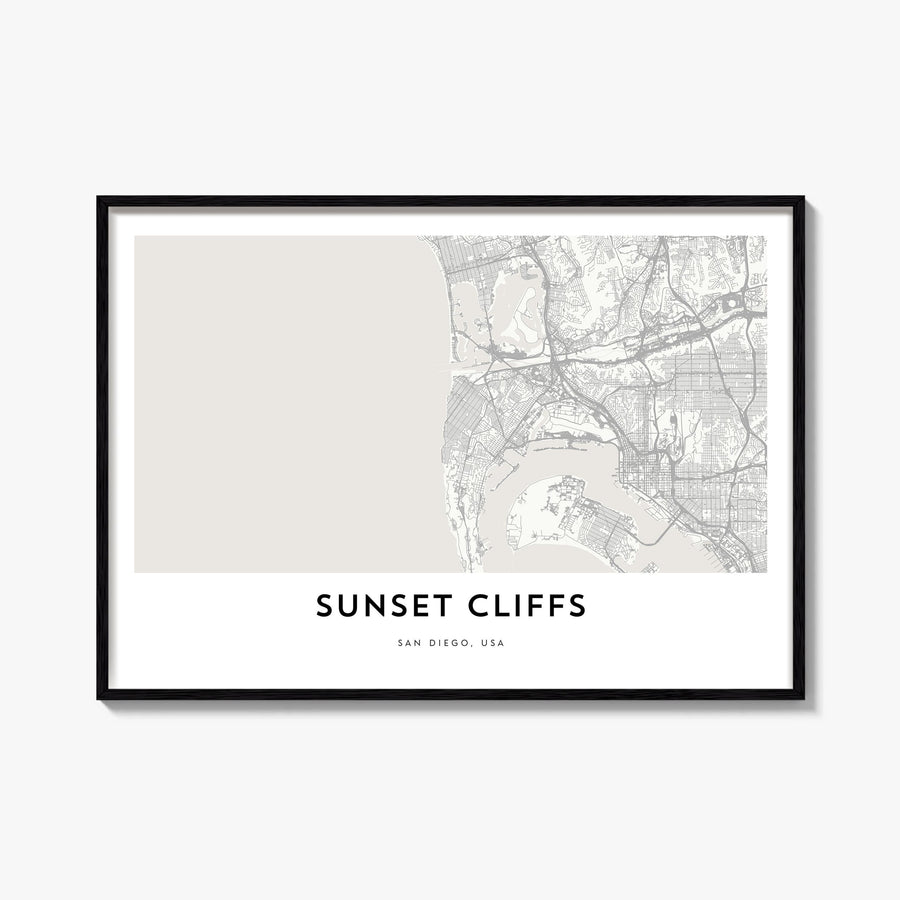 Sunset Cliffs black & white map poster of San Diego, California – horizontal wall art, unframed print shown in interior mocku