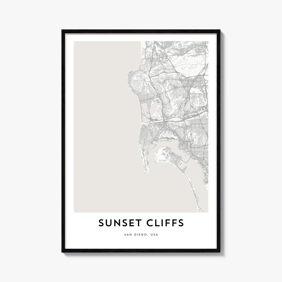 Sunset Cliffs black & white map poster of San Diego, California – vertical wall art, unframed print shown in interior mockup