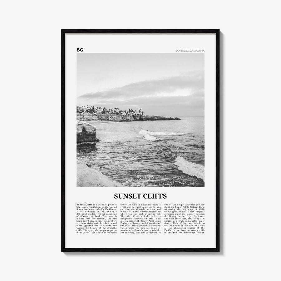 Sunset Cliffs black & white newspaper poster of San Diego, California – vertical wall art, unframed print shown in interior m