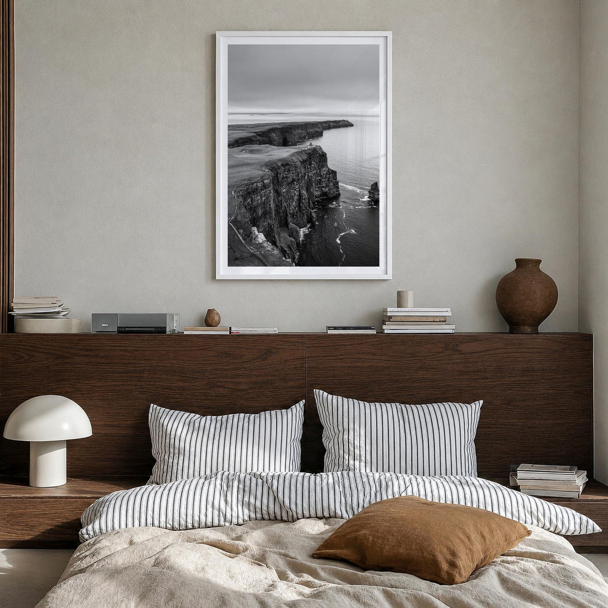 Sunset Cliffs black & white photo poster of San Diego, California – vertical wall art in white wood frame with white border, 