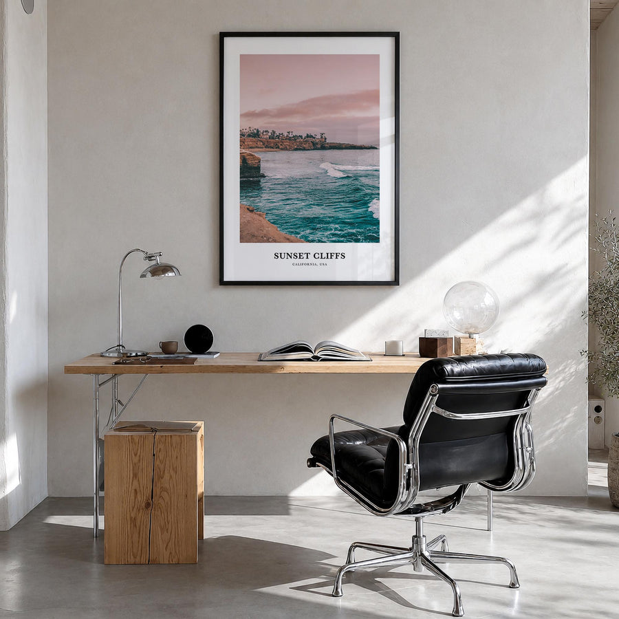 Sunset Cliffs colorful classic poster of San Diego, California – vertical wall art in black wood frame, hanging on wall
