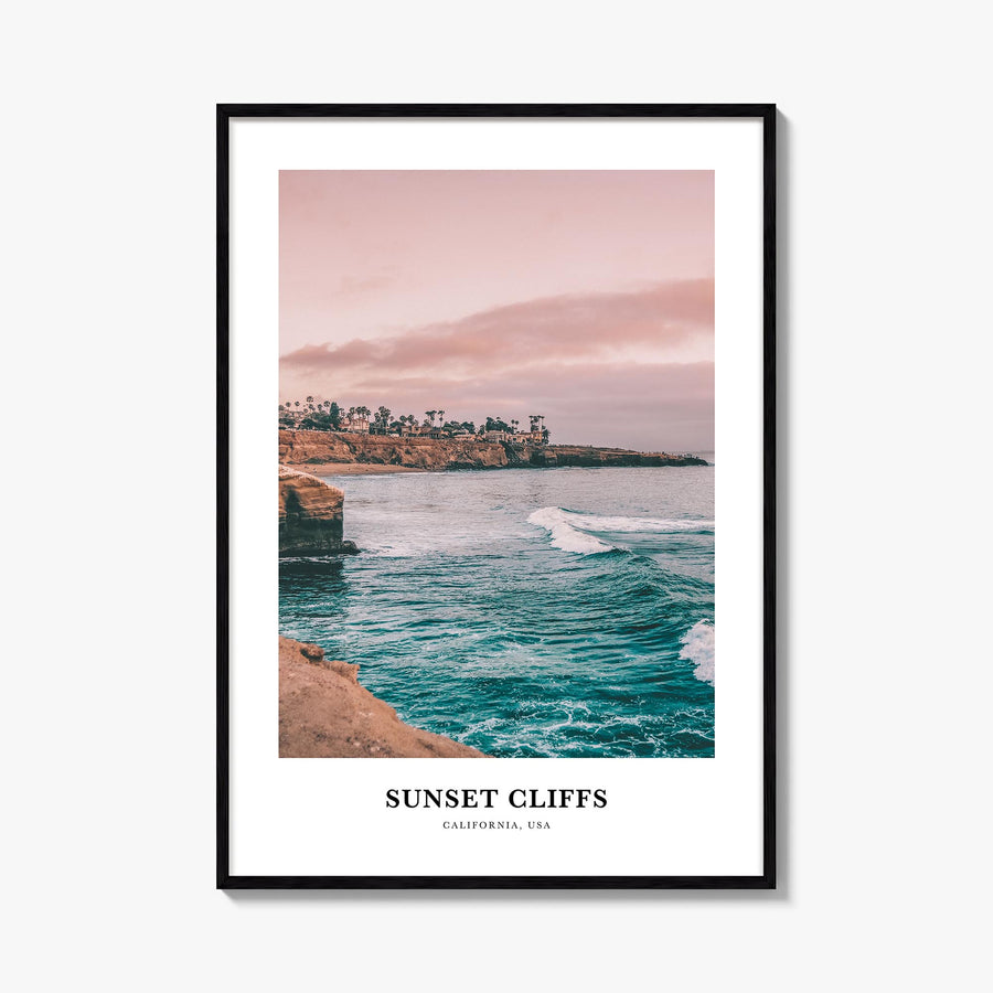 Sunset Cliffs colorful classic poster of San Diego, California – vertical wall art, unframed print shown in interior mockup