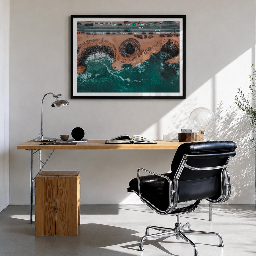 Sunset Cliffs colorful photo poster of San Diego, California – horizontal wall art in black wood frame with white border, han