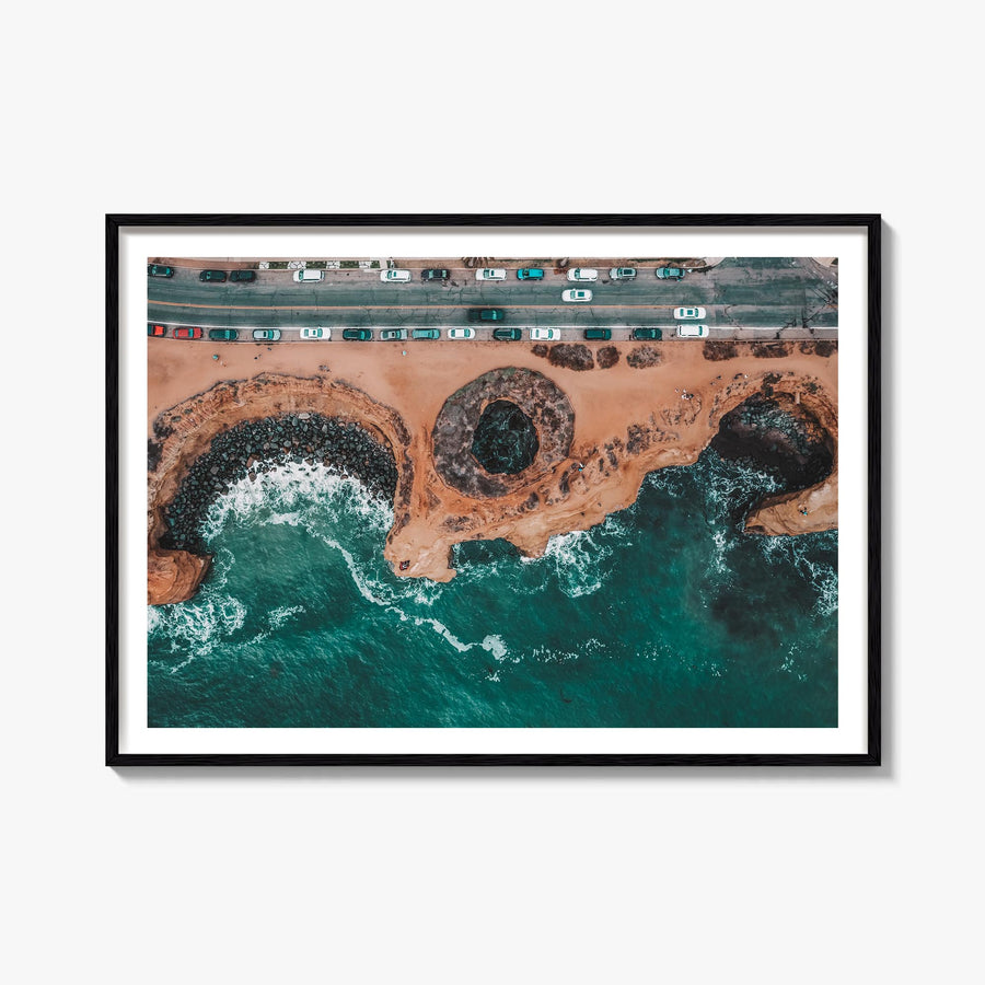 Sunset Cliffs colorful photo poster of San Diego, California – horizontal wall art, unframed print shown in interior mockup