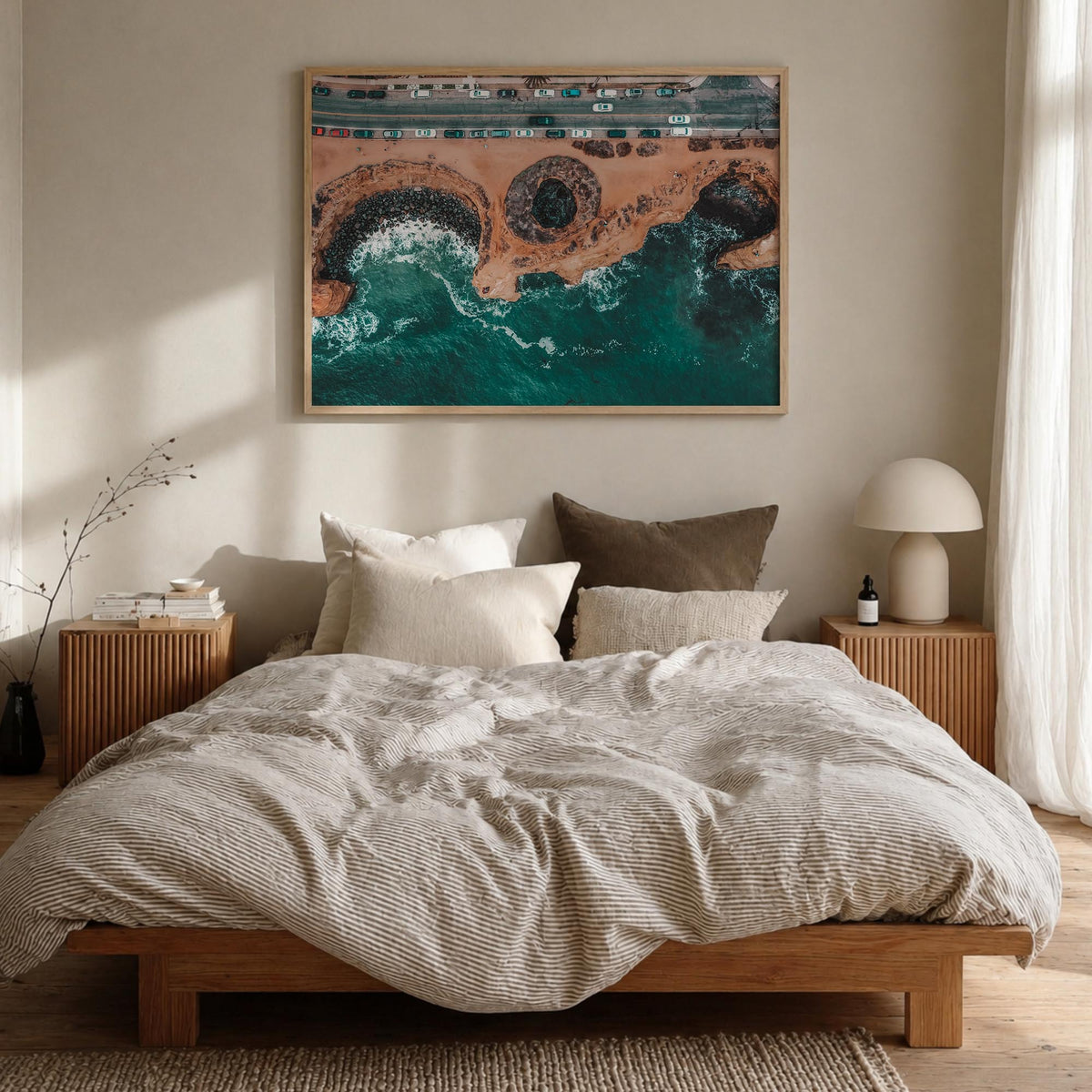 Sunset Cliffs colorful photo poster of San Diego, California – horizontal wall art in natural wood frame, hanging on wall