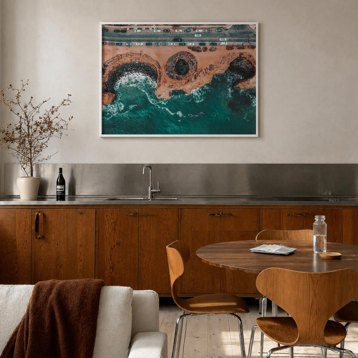 Sunset Cliffs colorful photo poster of San Diego, California – horizontal wall art in white wood frame, hanging on wall