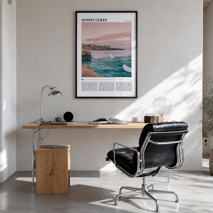 Sunset Cliffs colorful travel poster of San Diego, California – vertical wall art in black wood frame, hanging on wall