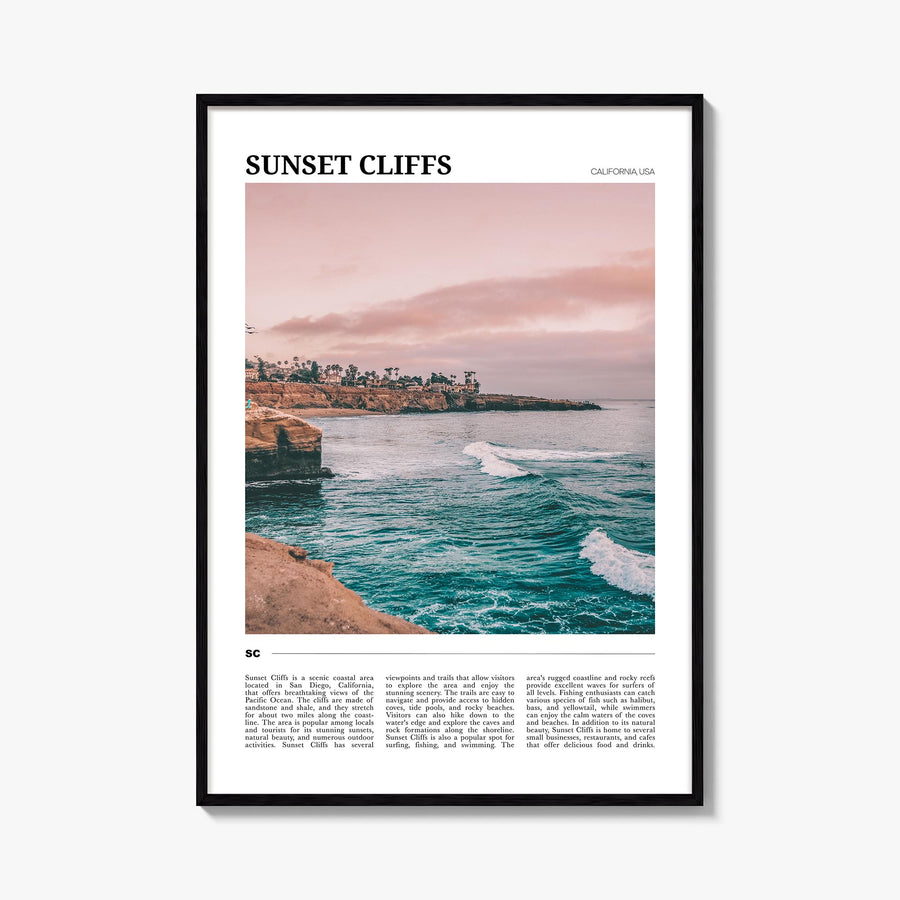 Sunset Cliffs colorful travel poster of San Diego, California – vertical wall art, unframed print shown in interior mockup
