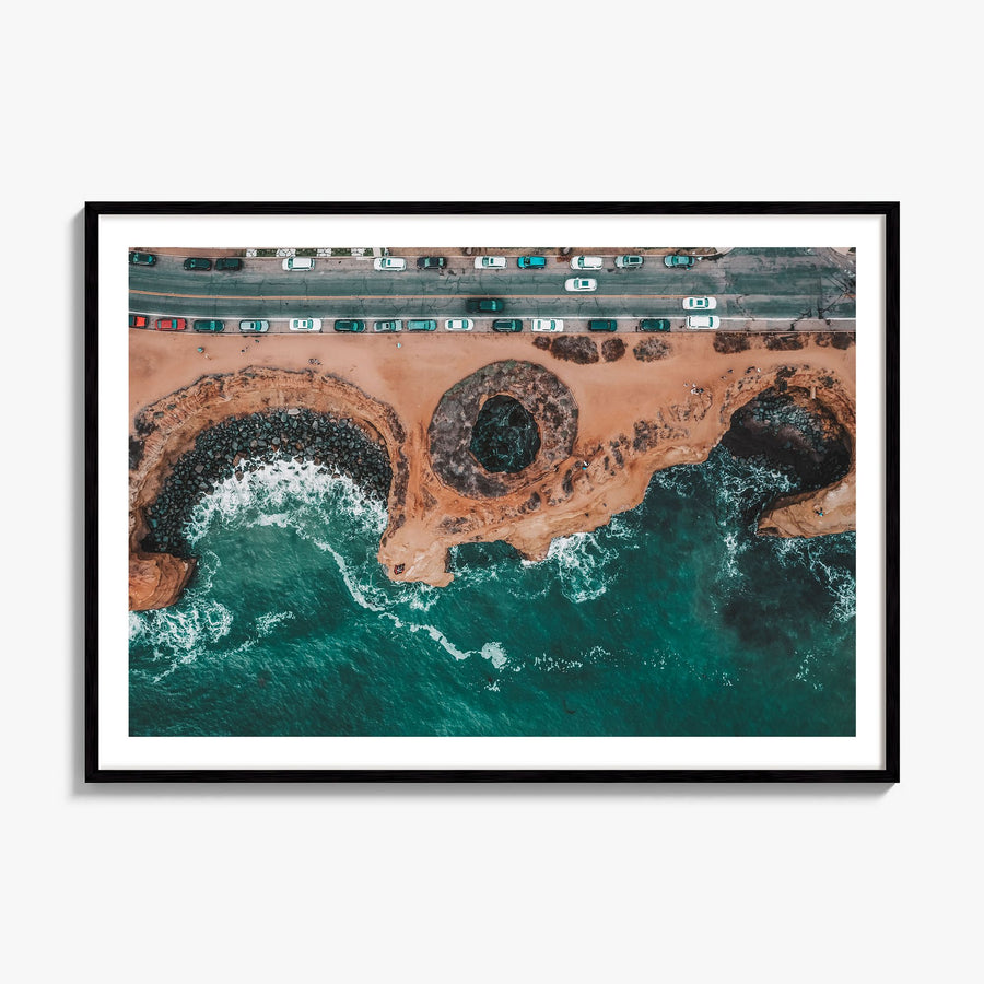 Sunset Cliffs Photo Poster, framed poster mockup, white border