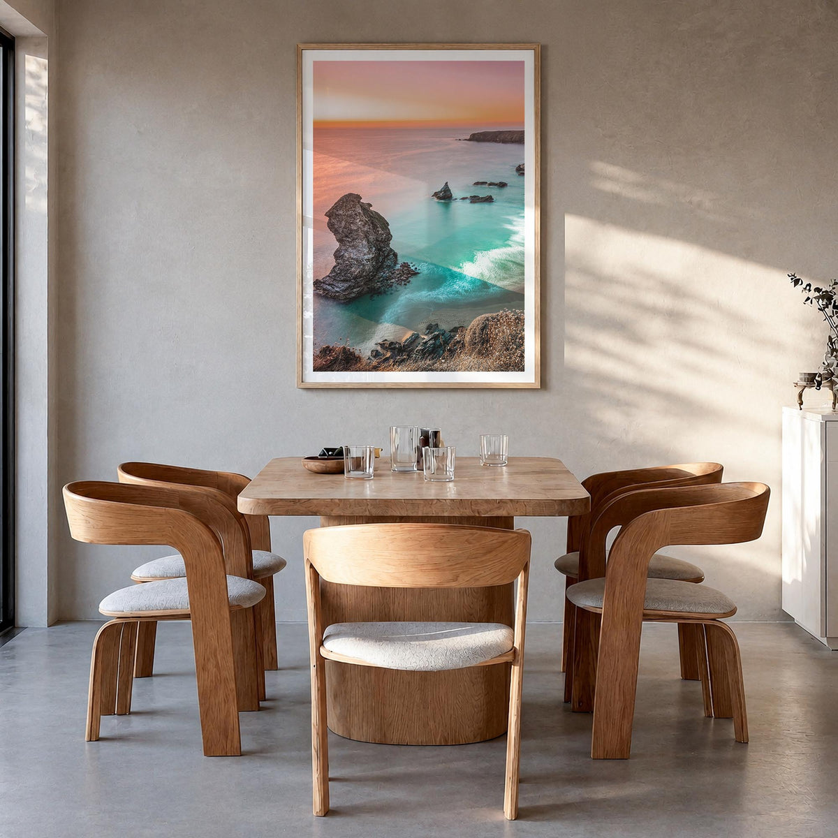 Sunset Cliffs no. 1 colorful photo poster of San Diego, California – vertical wall art in natural wood frame with white borde