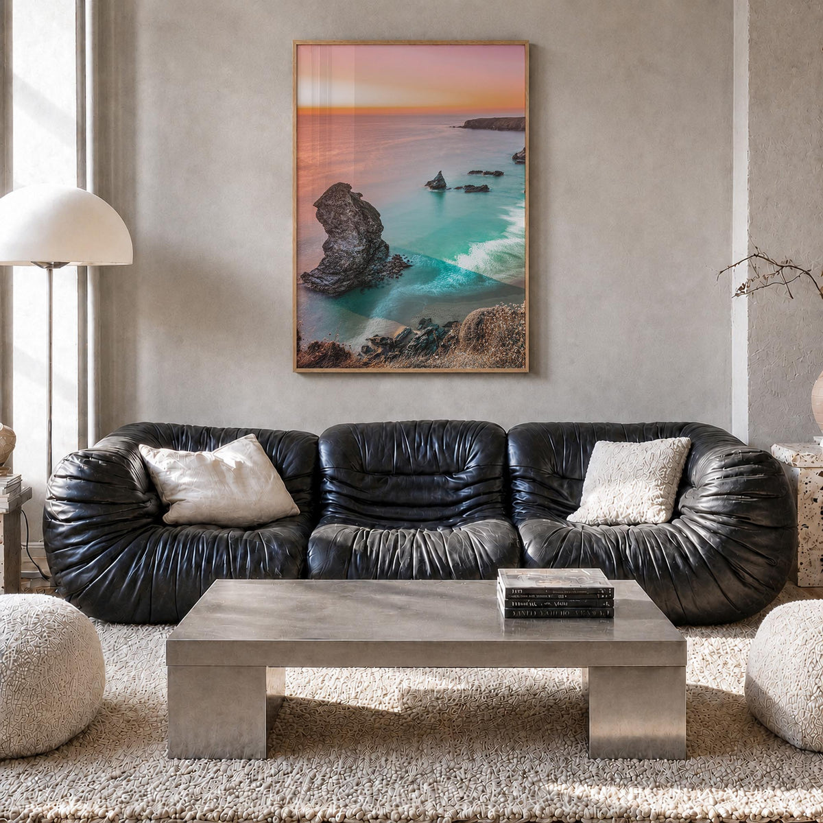 Sunset Cliffs no. 1 colorful photo poster of San Diego, California – vertical wall art in natural wood frame, hanging on wall